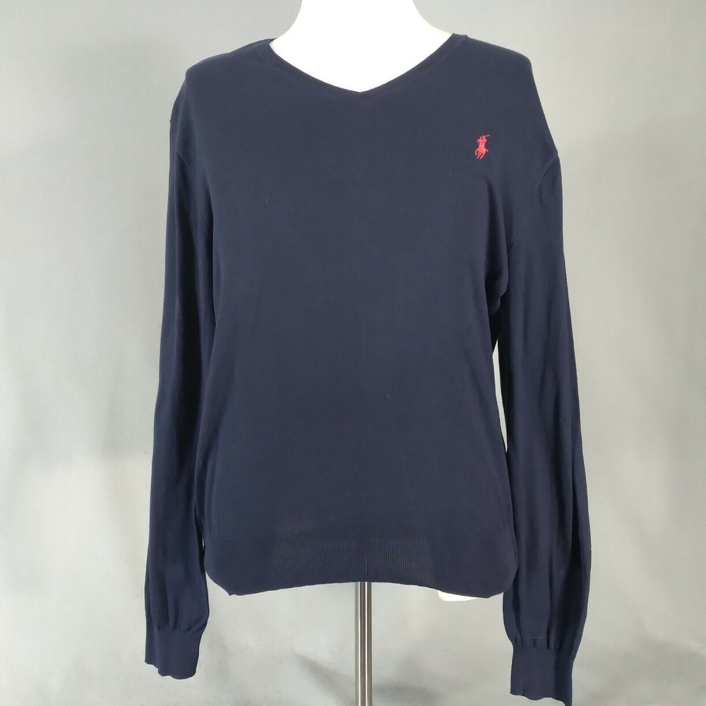 Polo Ralph Lauren Sweater Men L Blue Pima Cotton Pullover V-Neck Lightweight
